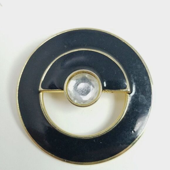 Vintage Black Enamel Round Circle Brooch, Minimal Modern Unisex Retro Design Pin - Picture 5 of 6